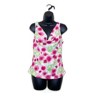 Vtg STUDIO Y Women's Sheer Floral Retro Mod Tank Blouse Y2K Babydoll Funky Sz L